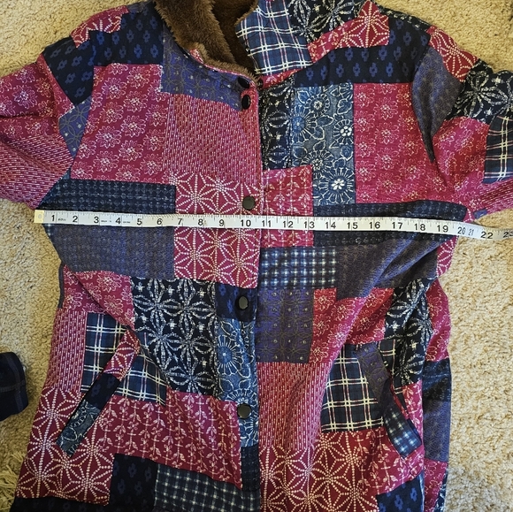 Faux Patchwork Cotton Linen Blend Faux Fur Lined Jacket Size XL - Picture 7 of 7